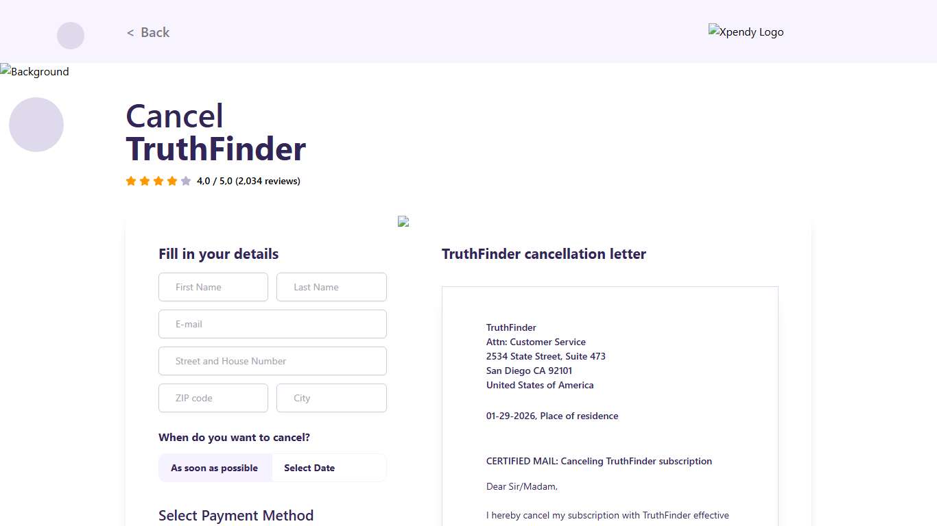 Cancel TruthFinder within 2 minutes Xpendy